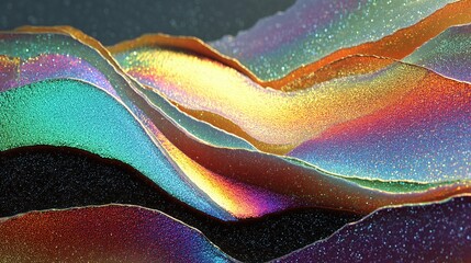 Poster - Abstract background with glittered texture and radial foil neon light. Holographic chrome gradient waves in vibrant colors. Dynamic iridescent flowing curves, modern technology, digital design.