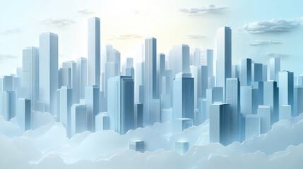 Poster - Dreamy Abstract Paper City Skyline with Skyscrapers and Clouds in Soft Pastels