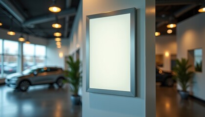 Poster - Empty poster frame in modern car dealership showroom interior  