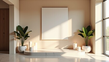 Poster - Minimalist interior with empty canvas and plants under natural light  