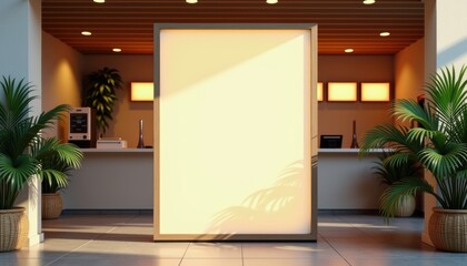 Poster - Modern reception area with large blank frame and indoor plants  