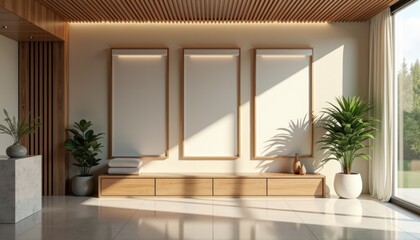 Poster - Modern interior with wooden wall, three blank frames and plants  