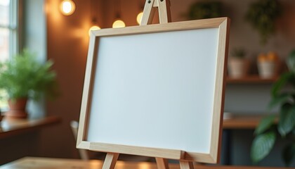 Poster - Blank wooden easel frame in cozy café setting with plants  