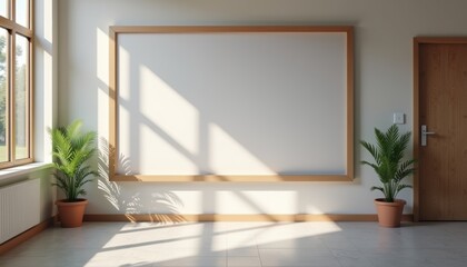 Poster - Bright interior with empty whiteboard and potted plants in sunlight  