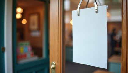 Poster - Blank sign hanging on door of shop with warm interior background  