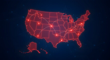 Poster - United States Map in Red Outlines with Dot Connections on Dark Blue Backdrop