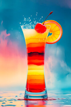 Surreal Watercolor Tequila Sunrise Cocktail in Curved Glass Vibrant Orange Red Gradient