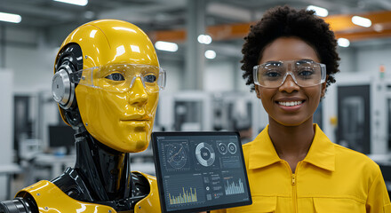 Poster - Cheerful Black Woman with Robot Companion Holding Tablet in Factory Setting with Yellow Workwear and Safety Glasses
