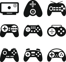 Wall Mural - Collection of black and white video game controller icons with different button configurations