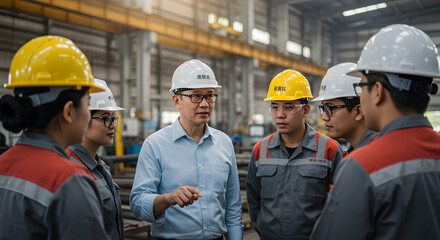 Poster - Diverse Engineers in Hardhats Discussing Project in Modern Factory Setting with Warm Lighting Industrial Background and Safety Gears