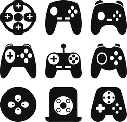 modern black and white vector illustrations of various gaming controller designs in a grid layout