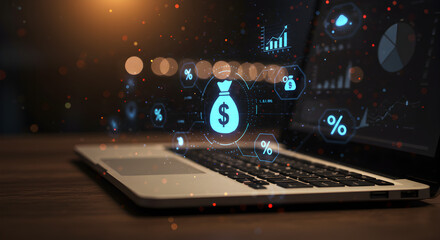 Poster - Financial Data on Laptop with Money Bag Icon Displayed on Wooden Table with Bokeh Background