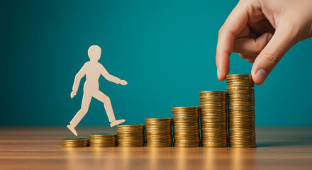 Poster - Hand Adding Coin to Golden Pile with Paper Figure Climbing Stack on Turquoise Background