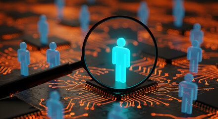 Poster - Magnifying Glass Focuses on a Glowing Blue Human Figure on Integrated Circuit with Orange Circuit Board Background