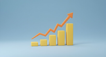 Poster - Optimistic Yellow Business Bar Chart with Ascending Orange Arrow on Light Blue Background