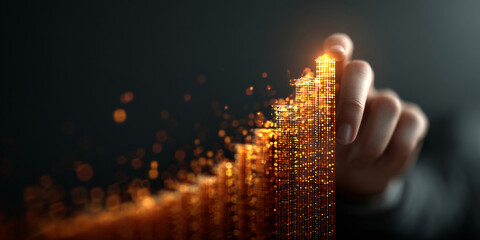 Poster - Hand interacts with glowing digital cityscape, symbolizing growth, innovation, and technological advancement in urban development