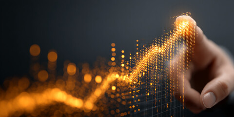 Poster - Fingertip interacts with glowing orange digital data stream, forming upward graph, symbolizing growth, innovation, and technological advancement