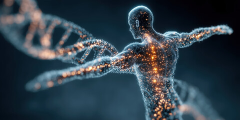 Poster - Human figure with glowing particles and DNA strand, futuristic science and technology concept