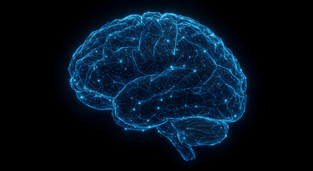 Poster - Abstract Digital Brain Illustration with Glowing Blue Nodes and Connections on Black Background Representing Artificial Intelligence