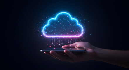 Poster - Digital Cloud Computing Over a Smartphone With Neon Glow and an Outstretched Hand in a Dark Technological Setting