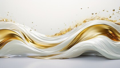 Poster -  fluid white and gold abstract wave with glossy metallic textures and particle splashes for luxury branding, web design, or product backdrop