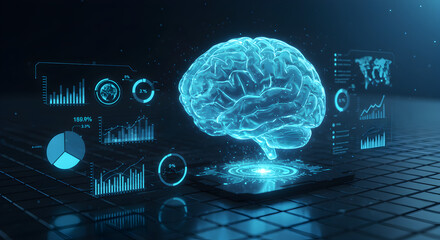 Poster - Glowing Blue Digital Brain Above Reflective Surface with Data Displays High Tech Futuristic Artificial Intelligence Concept