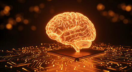 Poster - Glowing Orange Brain on Microchip Circuit Board Artificial Intelligence Concept