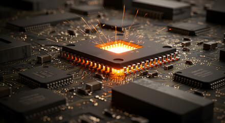 Poster - Glowing Square Integrated Circuit Chip on Dark Circuit Board Under Dynamic Lighting Showcasing Technology Engineering and Modern Design