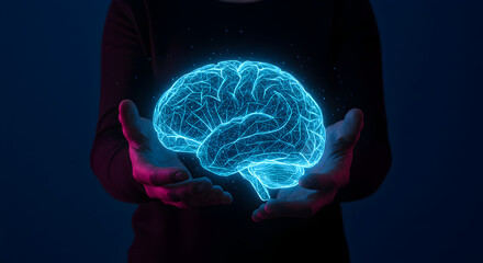 Poster - Hands Holding Glowing Digital Brain Model with Dark Background Representing Artificial Intelligence and Technology