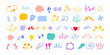 © Ukio.stock - Expression icons. Comic emotion elements, hand drawn expressive symbols. Star, heart and sparks, speech bubbles, exclamation doodles for communication accent. Vector set