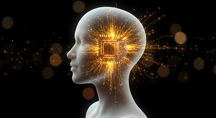 Poster - Human Head Side View with Circuit Board Brain Glowing in Gold and Abstract Particles on Black Background