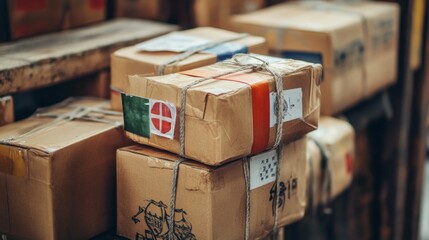 Poster - Shipping packages stacked in warehouse delivery process cardboard boxes industrial setting close-up view logistics operations