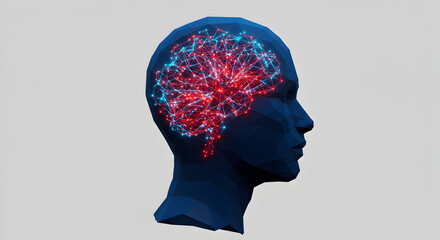 Poster - Stylized Dark Blue Human Head with Network of Red and Light Blue Lights on Light Gray Background