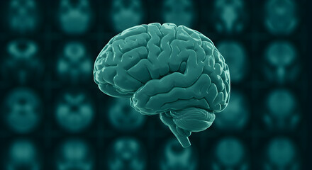 Poster - Teal Human Brain Illustration with Textured Detail and Blurred Medical Scan Background for Medical and Healthcare Concepts
