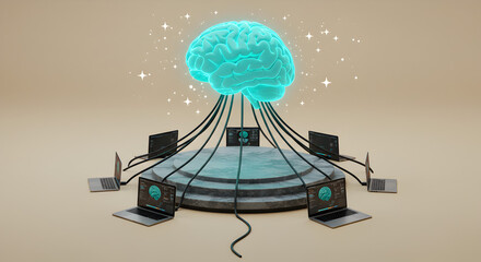Poster - Teal Pixelated Brain Hovering Above Laptops on Platform in Beige Background Symbolizing Network and Artificial Intelligence