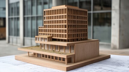 Poster - Creating a detailed scale wooden model of an office building in urban environment for architectural showcase