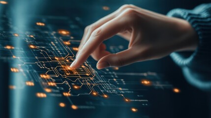 Poster - Finger touches glowing digital network. Cybersecurity awareness shown on futuristic interface. Orange light shines on connection nodes. Technology background displays awareness concept.