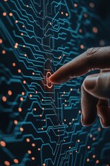 Poster - Finger touches digital circuit. Security awareness depicted on illuminated display. Glowing interface with connection lines and points. Protecting cyberspace through touch.
