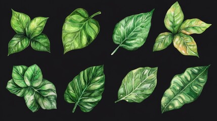 Poster - Creating a set of lush handpainted watercolor green leaves for nature inspired art botanical illustrations and graphic design projects