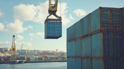 Poster - crane lifting large blue cargo container at port industrial action aerial view urban environment for