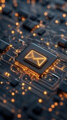 Poster - Glowing Mail Symbol on Dark Circuit Board Illustrating Cyber Security Awareness Concept Digital Connection Background