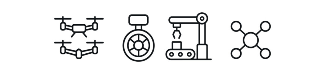 Minimalist drone, gauge, robotic arm, and quadcopter icons vector icon isolated
