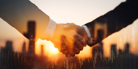 Poster - two hands shake against a sunset cityscape backdrop, symbolizing partnership, agreement, and busines