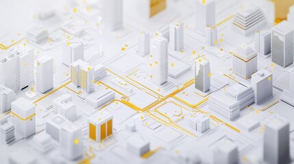 Poster - Exploring a sleek white design with yellow digital patterns in urban architecture 3d visualization modern environment aerial view