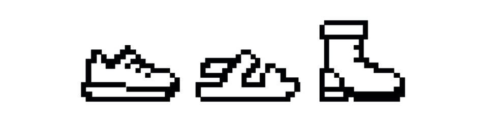 Pixel art black and white shoes and boot icons on white background vector icon isolated