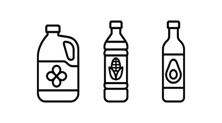 Outline icons of vegetable oil containers: canola, corn, avocado vector icon isolated