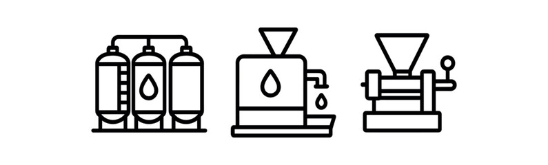 Industrial line icons of water purification, coffee machine, and grinder vector icon isolated