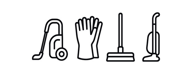 Outline icons of cleaning equipment: vacuum, gloves, broom, upright cleaner vector icon isolated