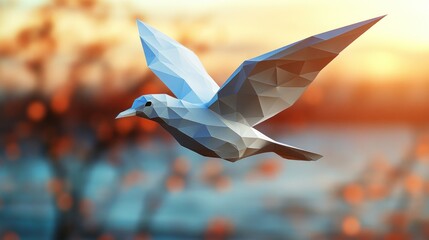 Polygonal bird in flight, vibrant sunset backdrop