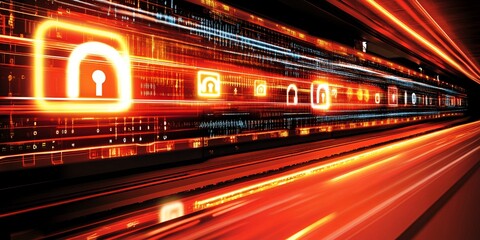 Poster - High speed data stream with illuminated padlock icons representing fast secure digital information transfer and online security technology